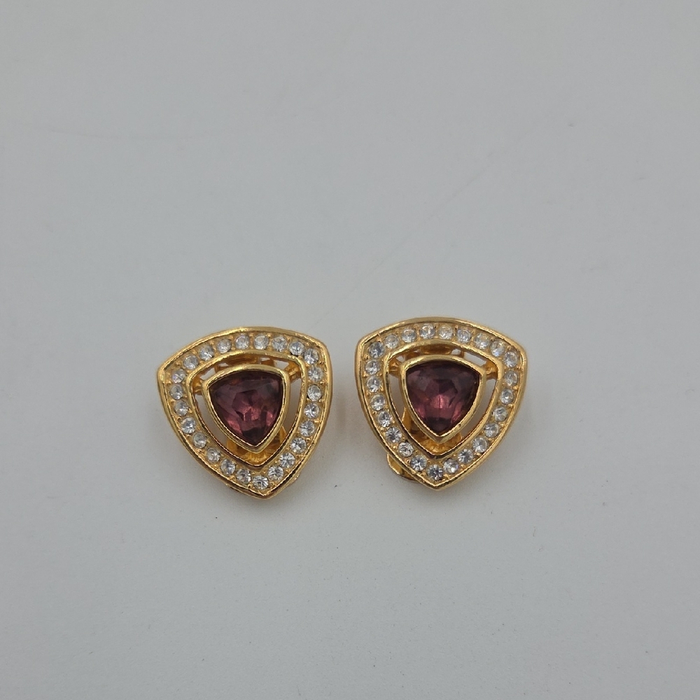 Vintage Christian Dior Amethyst Rhinestone Gold Clip On Earrings